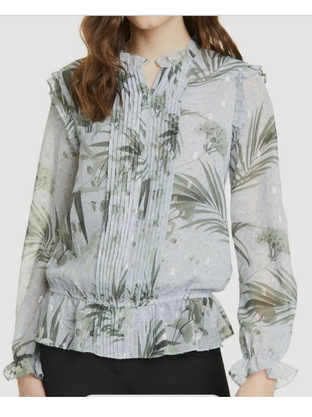 Ted Baker Pale Green Botanical Pintuck Peplum Blouse